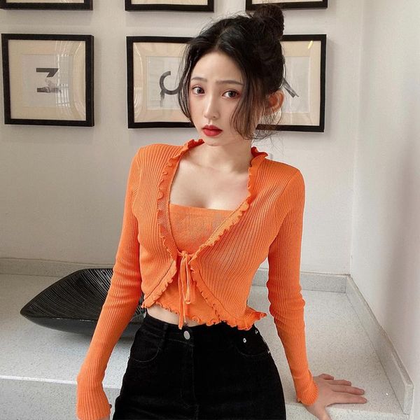 

ins fake two pieces long sleeve knitted sweaters for women korean fashion clothes bandage solid crop spring autumn women's, White;black