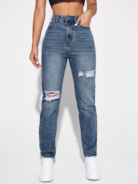 

fringe detail ripped mom jeans a9x3#, Blue