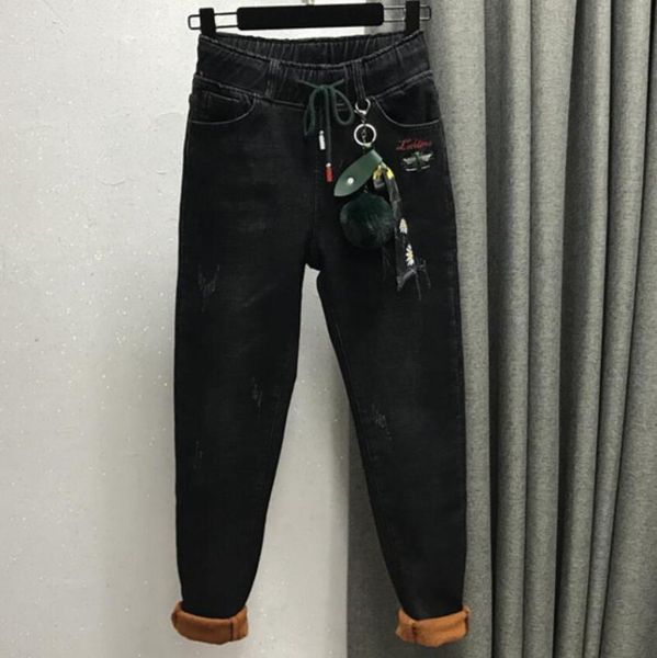 

women's jeans plus velvet high waist women warm thicken autumn winter casual vintage stretch skinny pencil, Blue