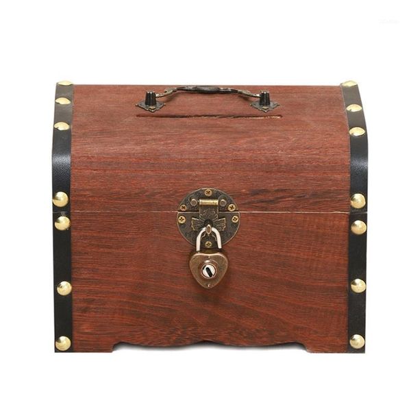 

hooks & rails creative antique retro wooden treasure storage box coin bank kids money saving jar organizer case with heart lock gifts