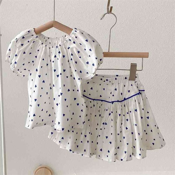 

summer thin suit heart-shaped pattern short skirt 2pcs clothing sets baby girl clothes kids girls 210528, White