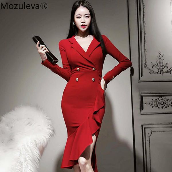 

casual dresses bornsra 2021 winter notched red vestido high waist bodycon ruffles knee-length office ol fishtail irregular work dress, Black;gray