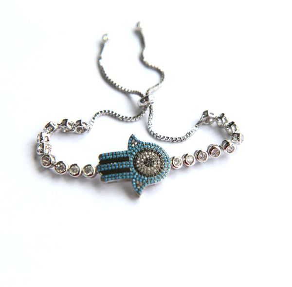 

charm bracelets pave blue cubic zirconia fatima's hand hamsa tennis luxury girl gift adjust bracelet, Golden;silver