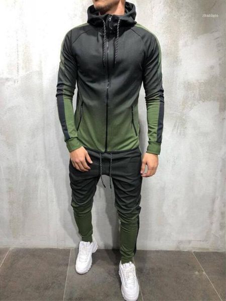 

men's 2021 fashion sports fitness 2 piece set 3d gradient hoodie outdoor casual sweatshirt and pants sportswear jogger set1, Black