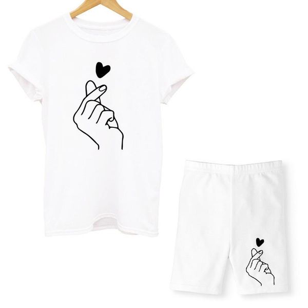 

women's shorts gesture love t-shirt and two-piece summer short-sleeved o-neck casual jogging motorcycle suit, White;black