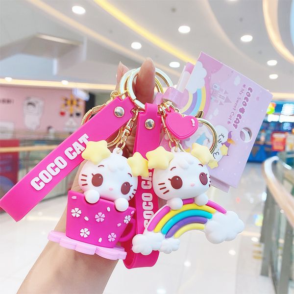 

2021 fashion keychain genuine auspicious cat sweet key chain men and women cute creative rainbow car schoolbag pendant doll, Silver