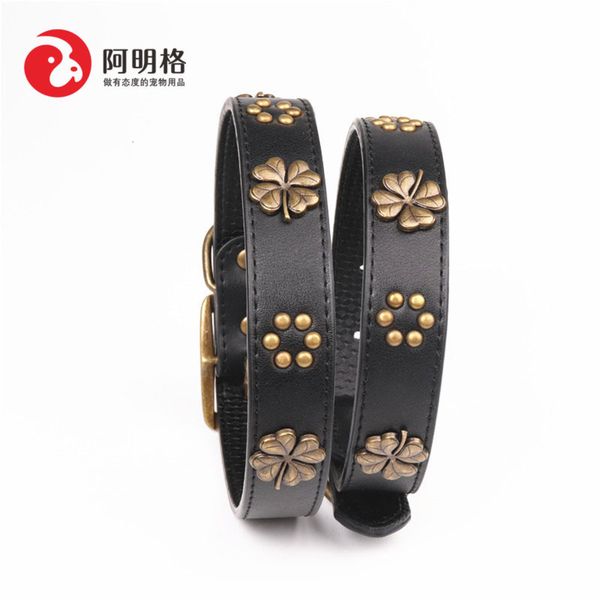 

aminger new bronze pet collar, clover accessories, leather dog rope, Black