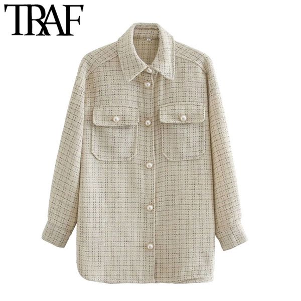 

traf women fashion oversized faux pearl buttons jacket coat vintage long sleeve pockets female outerwear chic 210914, Black;brown