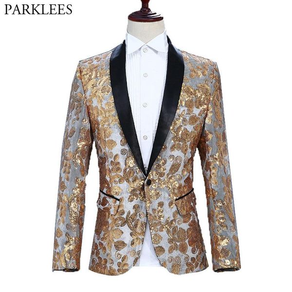 

men's suits & blazers shiny gold floral sequin velvet blazer men brand shawl lapel one button suit jacket for party club dinner wedding, White;black