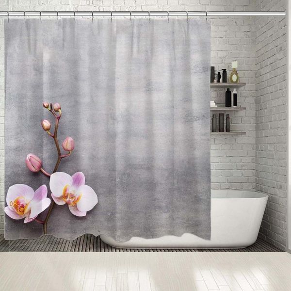 

shower curtains curtain orchid flower with stem buds on grey wall spring nature theme po printed