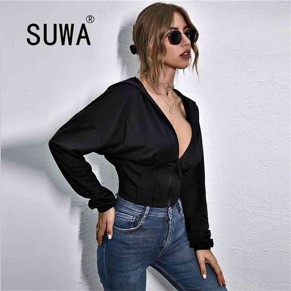 

solid color slim zipper long sleeve hoodies women coats and jackets fall spring vintage casual streetwear 210525, Black;brown