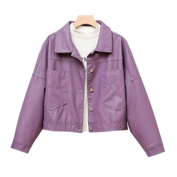 

women's leather & faux 2021 lapel single breasted big pocket pu jacket loose short purple female, Black