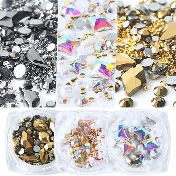 

box 3d shiny crystal nail rhinestone gold sliver diamond gems flatback glitter pearl jewelry manicure tools decoration sa10181, Silver;gold