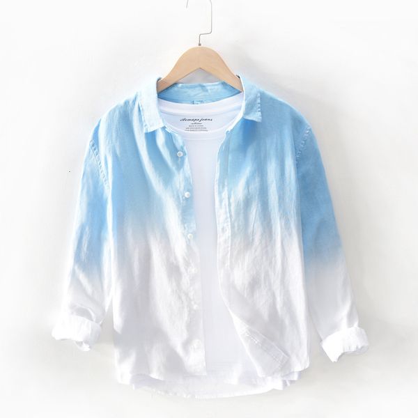 

men's casual shirts hoho dyed gradient linen long-sleeved shirt youth fashion lapel breathable vshe, White;black