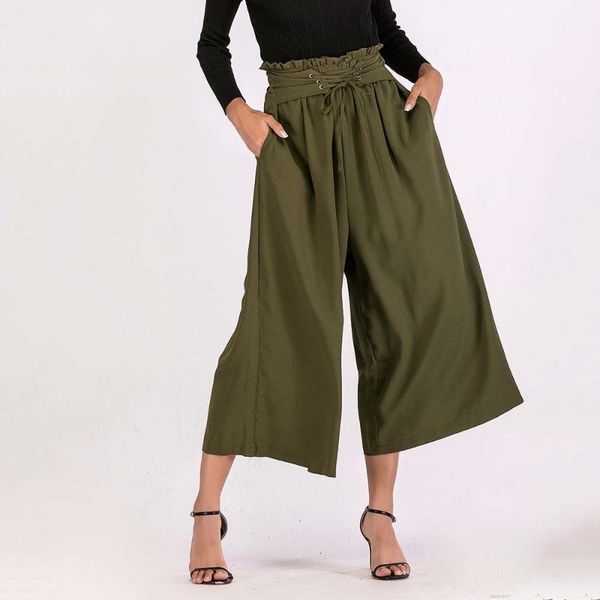 

women's pants & capris women casual wide leg autumn 2021 lace up loose soft high street trousers elegant office lady pleated solid, Black;white