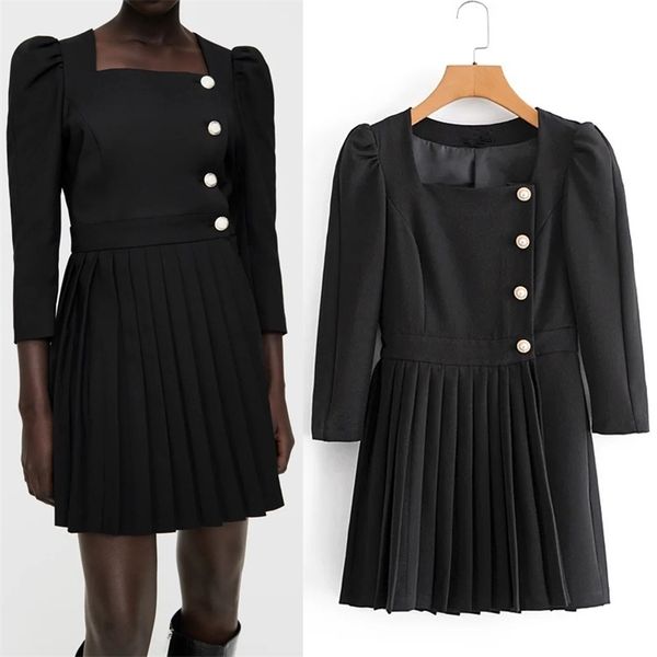 

black blazer dress women autumn winter wrap pleated mini woman office vintage pearl button elegant es 210519, Black;gray