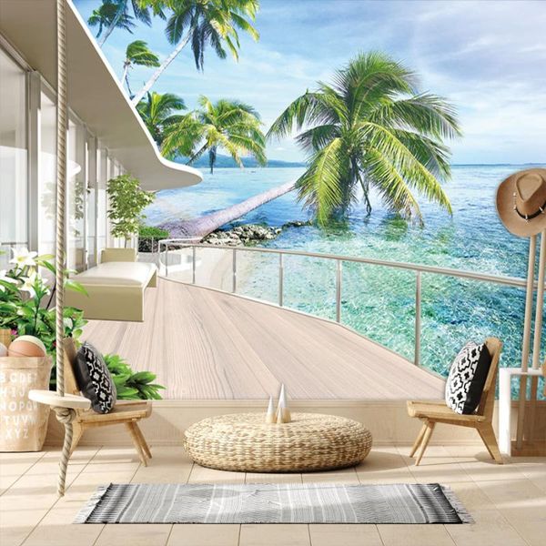 

wallpapers balcony sea view 3d for living room non woven textured walls paper in rolls beach palm tree cabinet murals stickers