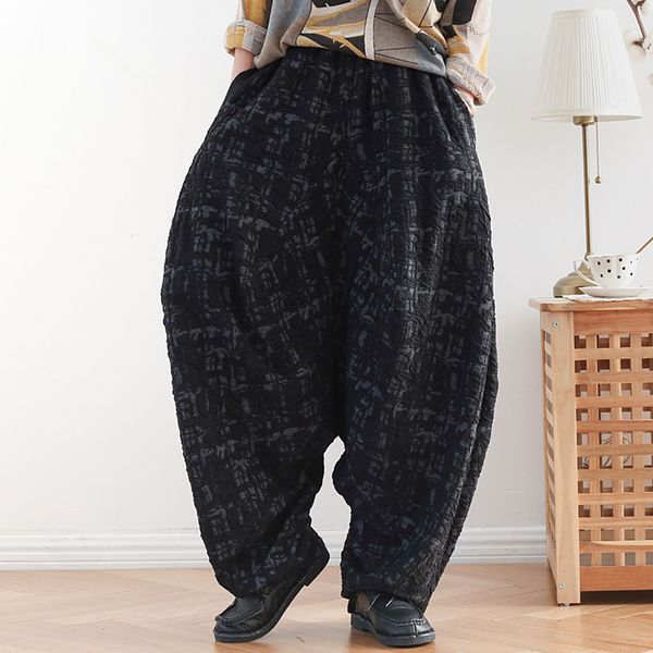 

johnature women jacquard harem pants vintage elastic waist trouser autumn casual cotton high waist pants 210521, Black;white