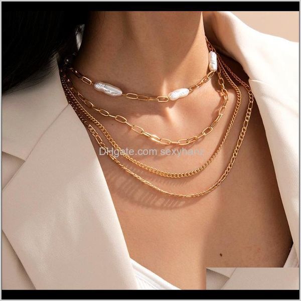 

chokers necklaces & pendants drop delivery 2021 lacteo exaggerated multilayer imitation pearl choker unusual hip hop iron chain charm neckla, Golden;silver