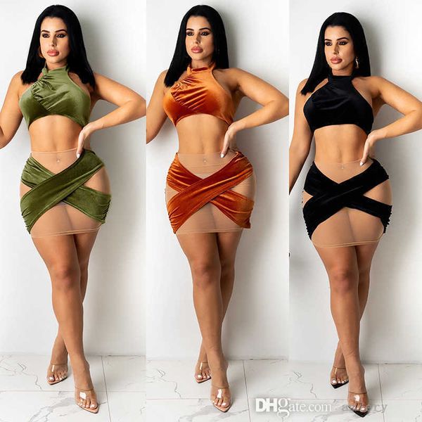 

summer women two piece dress sets fashion simple sleeveless vest short skirt flannel and mesh splicing solid color slim outfits with neck br, White