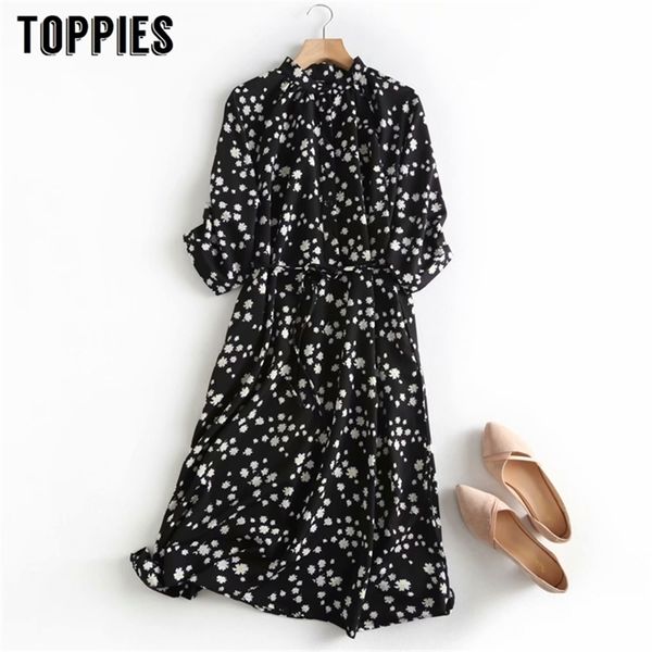 

spring daisy printing midi dress country style short sleeve women korean clothes 210421, Black;gray