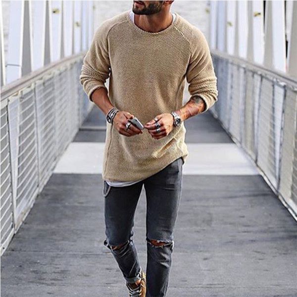 

fashion sweater autumn men's knitted round neck long sleeve bottom coat, White;black