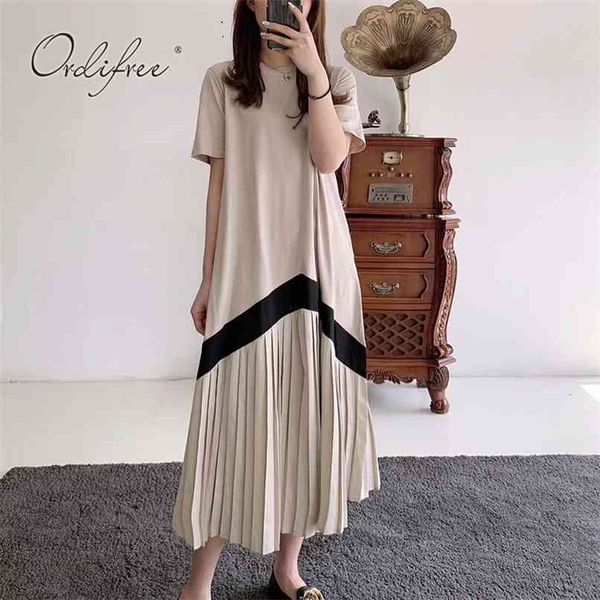 

summer women long t-shirt dress short sleeve loose casual t shirt pleated 210513, Black;gray