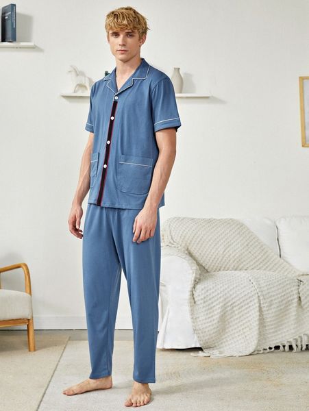 

men contrast binding lapel neck dual pocket pj set w6ux#, Black;brown