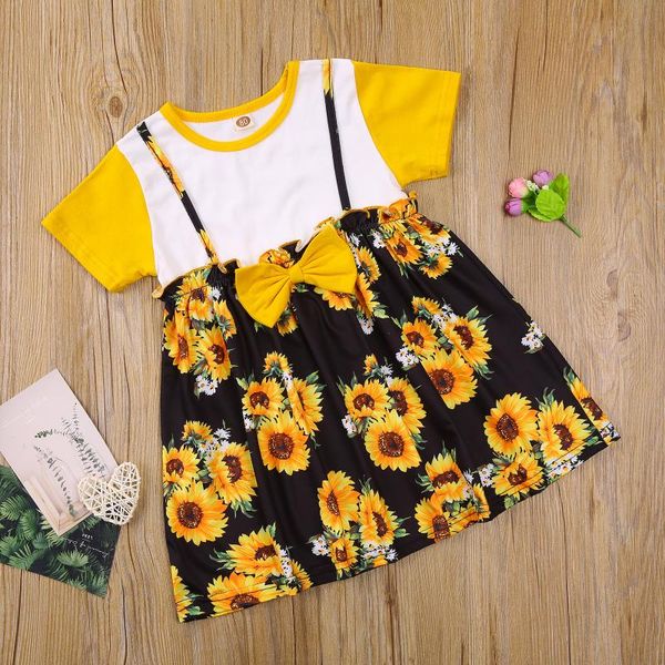 

summer little girls dress creative sunflower printing splicing bow decoration round collar short sleeve princess skirt girl's dresses, Red;yellow