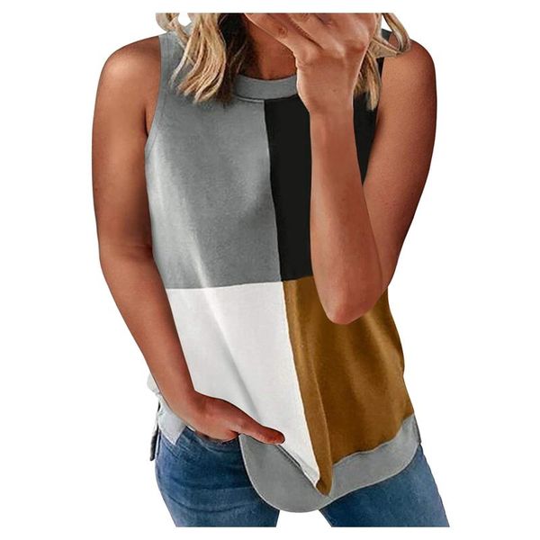 

women's tanks sleeveless patchwork plaid printing crewneck shirts female summer loose casual blouse camis streetwear &, White