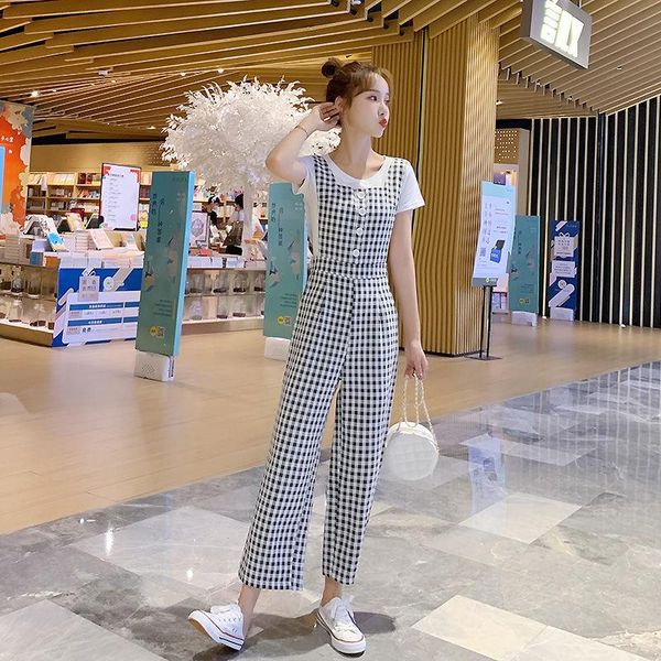 

women spring summer casual loose suit ladies o neck shirt + plaid button suspender pant 2 piece set female vintage g738 women's two pan, White