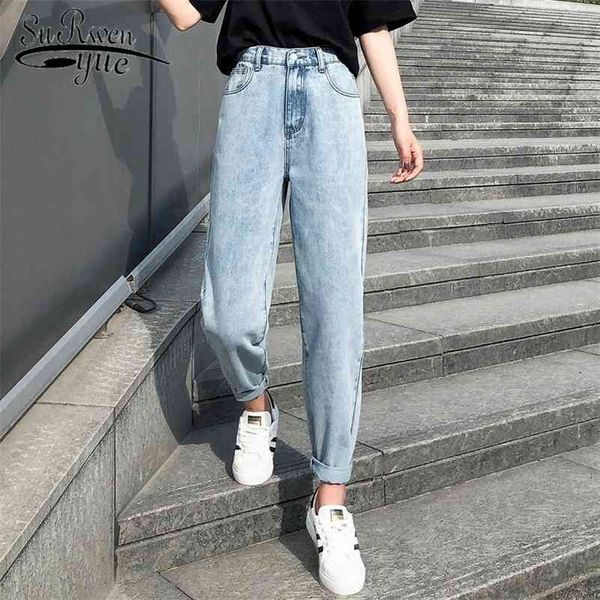 

high waist jeans woman plus size boyfriend streetwear elastic vintage washed loose cotton denim trouser 10424 210510, Blue