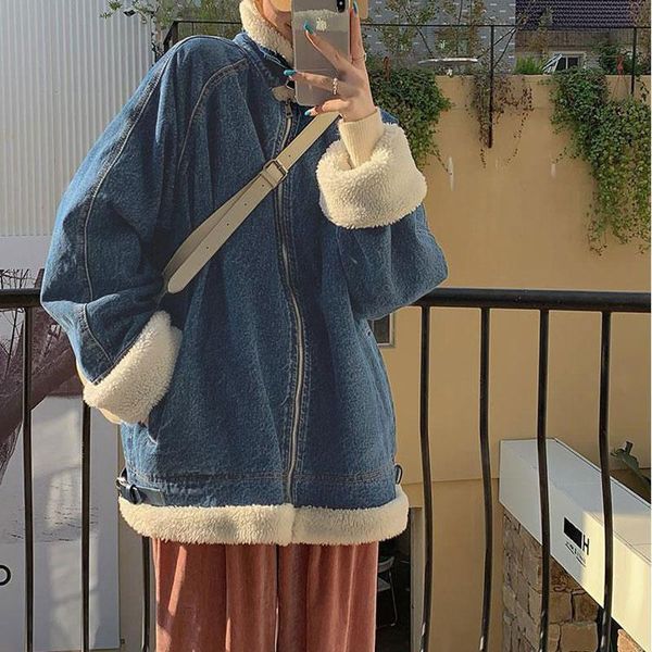 

women's fur & faux 2021 women winter casual thick warm lamb coats female denim loose jacket lady fashion korean streetwear chaquetas, Black