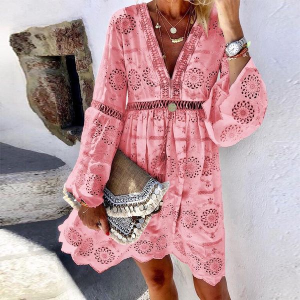 

casual dresses spring summer elegant hollow out lace beach dress women v-neck loose a-line long sleeve party vestidos, Black;gray