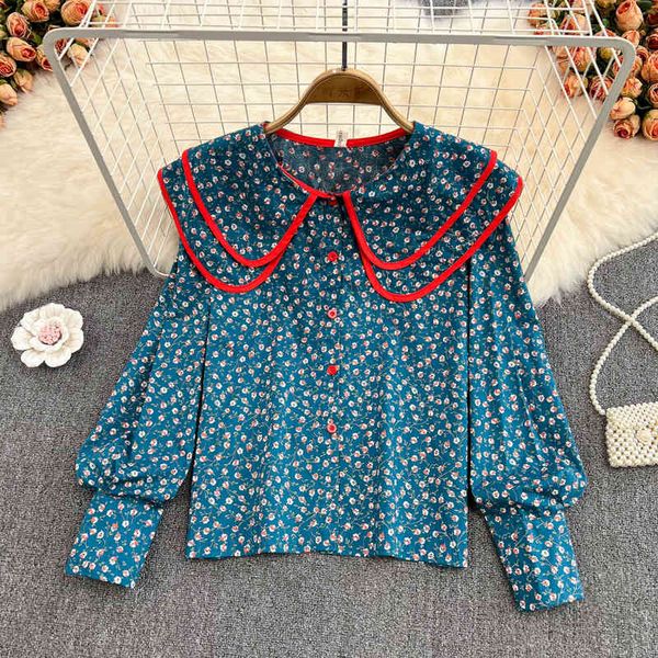 

chic casual shirt woman spring korean ins ruffled large lapel single breast loose long-sleeved floral blouse, White