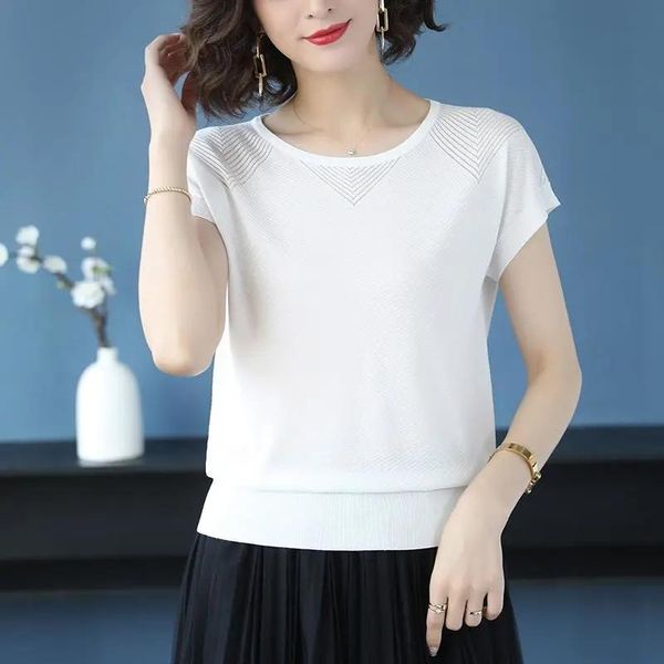 

women's t-shirt summer short sleeve slim knitted women casual pullover tee korean style thin solid ladies knitwear female, White