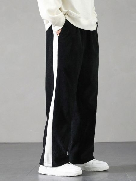 

men contrast sideseam slant pocket wide leg pants v83k#, Black