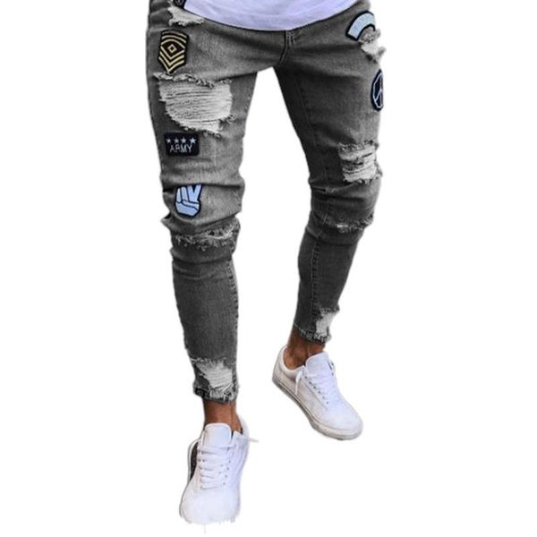 

men's jeans men skinny ripped baggy ankle tied denim trousers fashion high streetwear embroidery printed hole male pencil pants, Blue