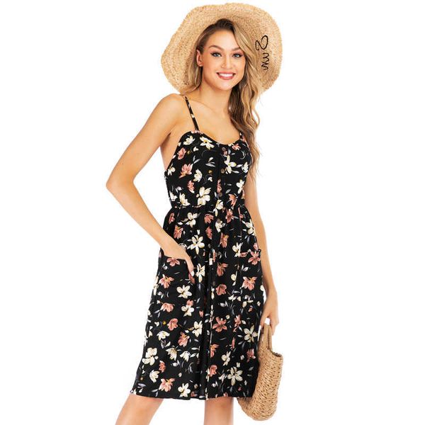 Abiti estivi per donna con scollo a V Beach Black Party Floral Slip Chiffon Casual Bohemian Midi Dress Ropa Mujer 210625