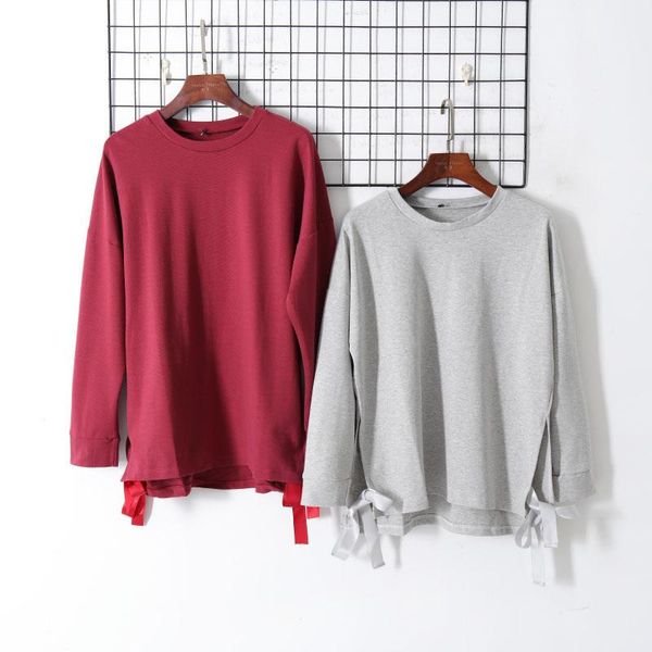 

women's hoodies & sweatshirts women cotton loose solid all-match o-neck bow drawstrings split fashion streetwear pullovers arrival, Black