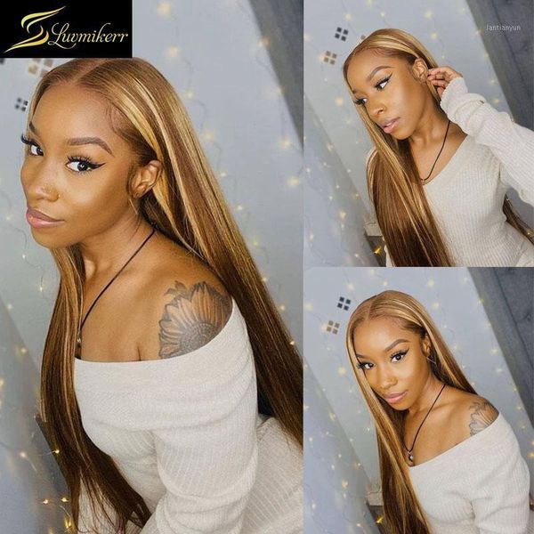 

highlight hd transparent lace frontal wig deep part brown and honey blonde colored ombre human hair long straight front1, Black;brown