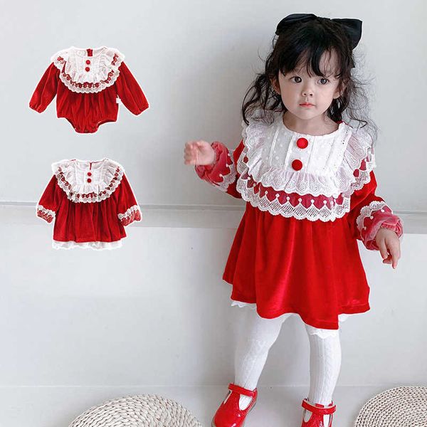 Bebé menina manga longa veludo vestido espanhol crianças ano de Natal roupas infantil vermelho romper irmãs combinando roupa 210615