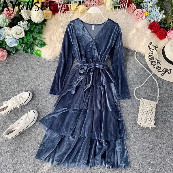 

casual dresses ayunsue 2021 spring dress women elegant long sleeve vintage korean ladies high waist fashion vestido midi kj4037, Black;gray