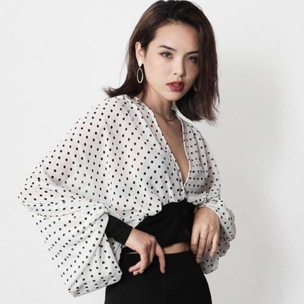 

women's blouses & shirts autumn v neck polka dot print chiffon women lantern sleeve high waist short crop elegant lady blouse 2021, White