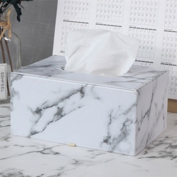 Rechteckiger Leder-Taschentuchbox-Abdeckungshalter mit Marmormuster und Schubladenlicht, Luxus-Business-Büro-Esszimmer 210818