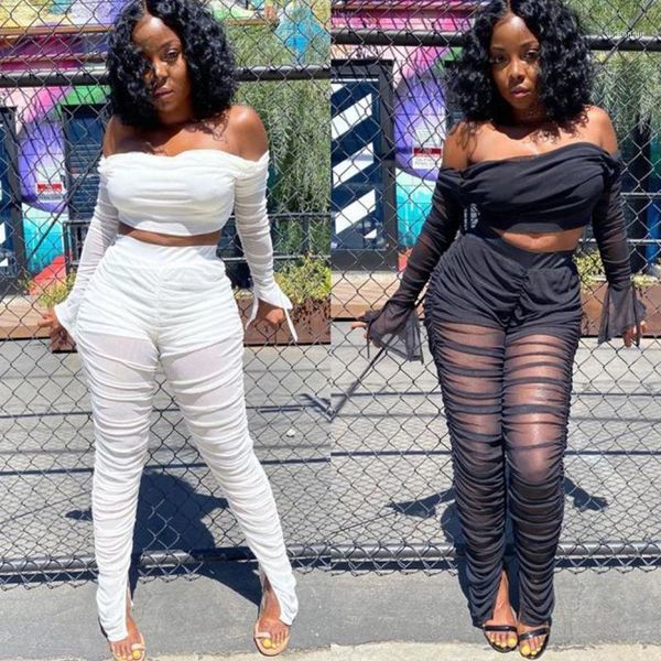 

sheer mesh see through two piece set women festival clothing sets slash neck crop and stacked leggings club outfits1, Gray