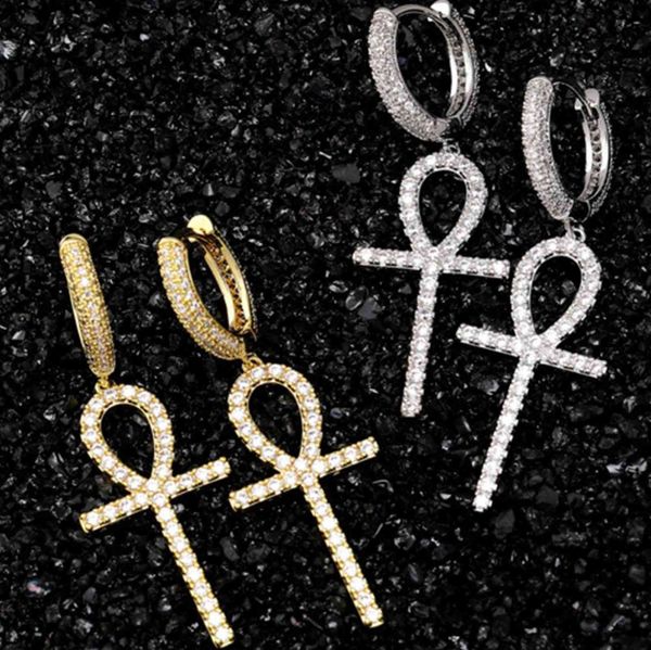 Ankh Key Cross Hip Hop Ice Out Мужчины Женщины полны Zircon Fashion Rock Bling Серьги Ювелирные Изделия