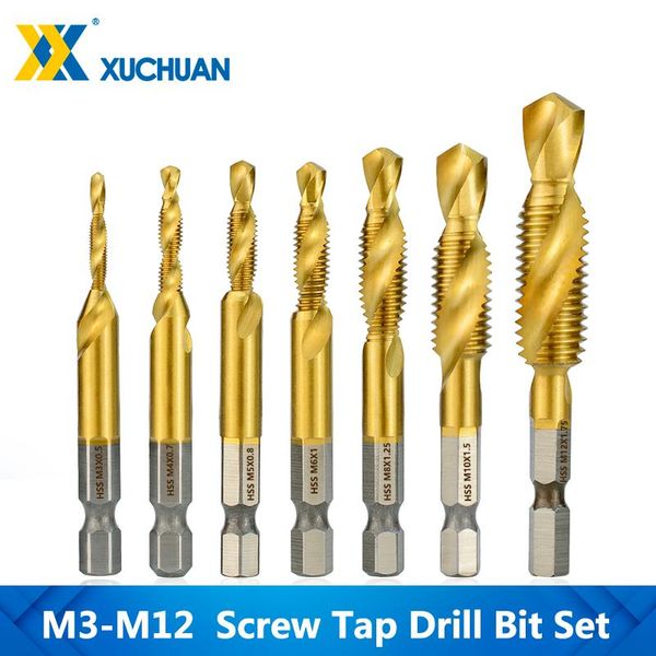 

hand tools 7pcs screw tap drill bits m3-m12 woodworking metric combination bit 1/4 shank tin coating hss thread