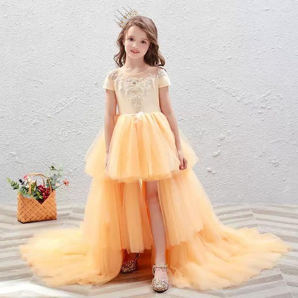 

flower girl dresses illusion o-neck short embroidery princess knee-length luxury champagne tulle lace cute kids party gown h472 girl's, Red;yellow
