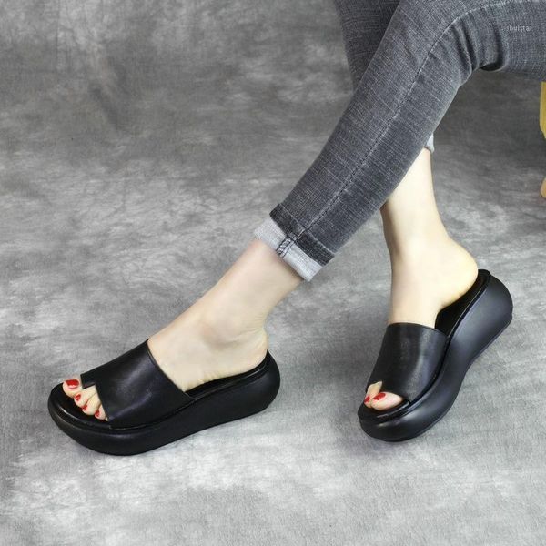 

women leather slippers black flip flops wedge high heels summer shoes for handmade genuine1